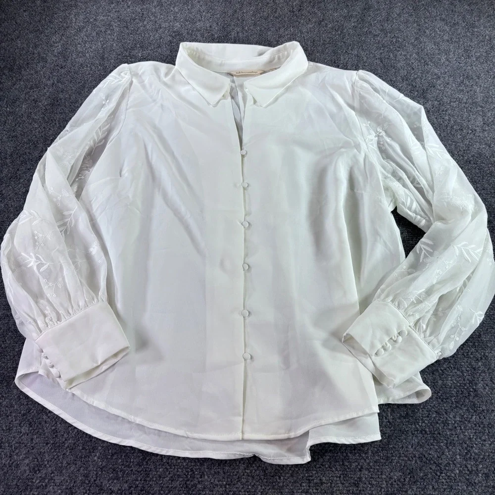 Soft Surroundings Blouse Womens 1X White Embroidered Sheer Sleeve‎ Button Up